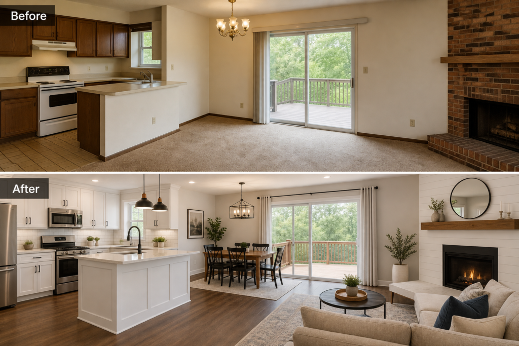 Before and after comparison of a kitchen and living area: old, dark wood cabinets, tile floor, and brick fireplace on the left; open, white cabinetry, island, and modern living space on the right.